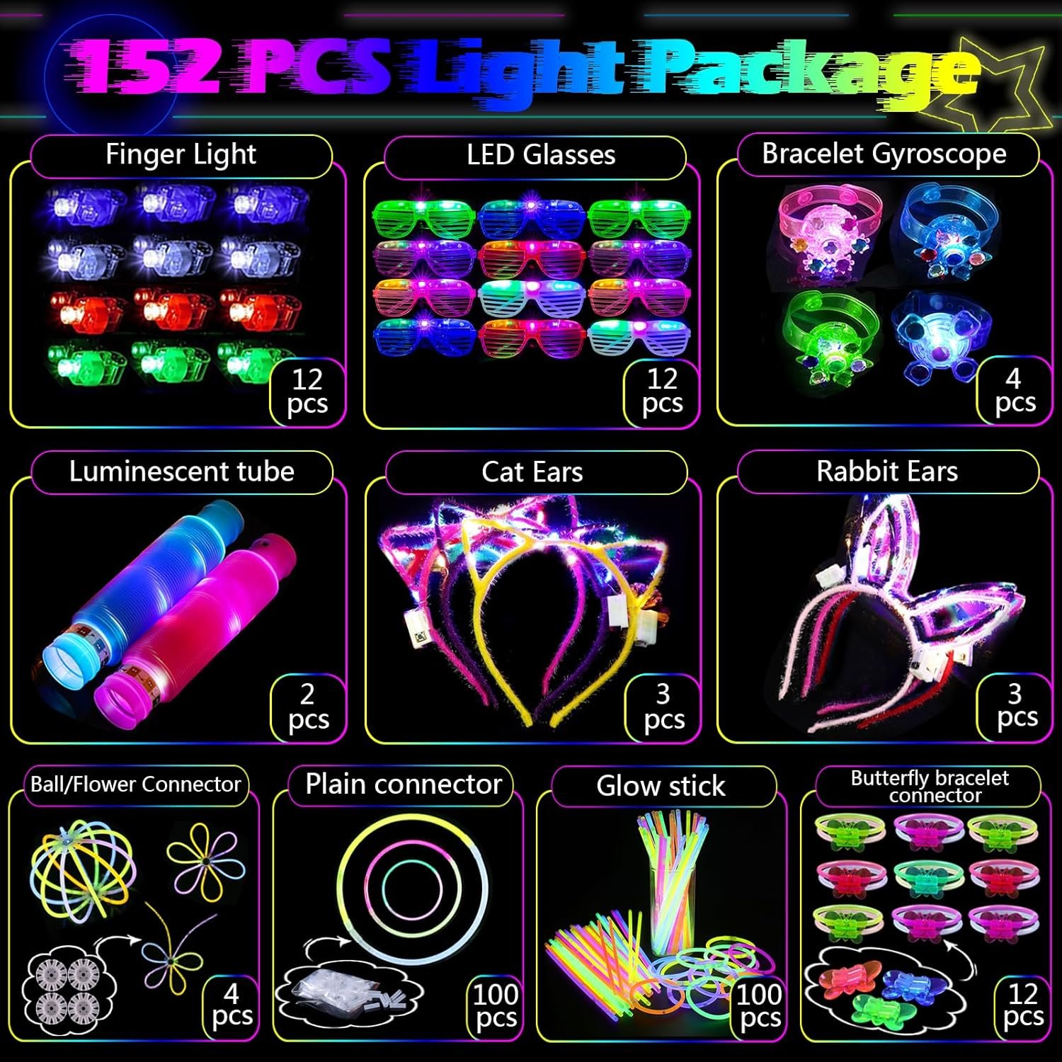 152 PCS Glow in the Dark Party Supplies,Light Up Party Favors for Kids Adults, LED Glasses, 100 Bright Glow Sticks, Finger Lights, Headband Birthday Wedding Concert Neon Party Supplies - Image 2