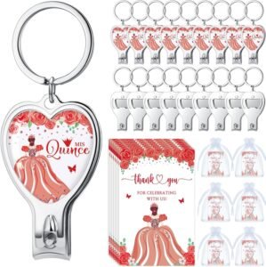 25 Sets 15th Quinceañera Party Favors Includes Quince Keychain Bottle Opener Nail Clipper Thank You Cards Organza Bags for Guests Sweet 15 Birthday Party Adults Souvenirs (Red)