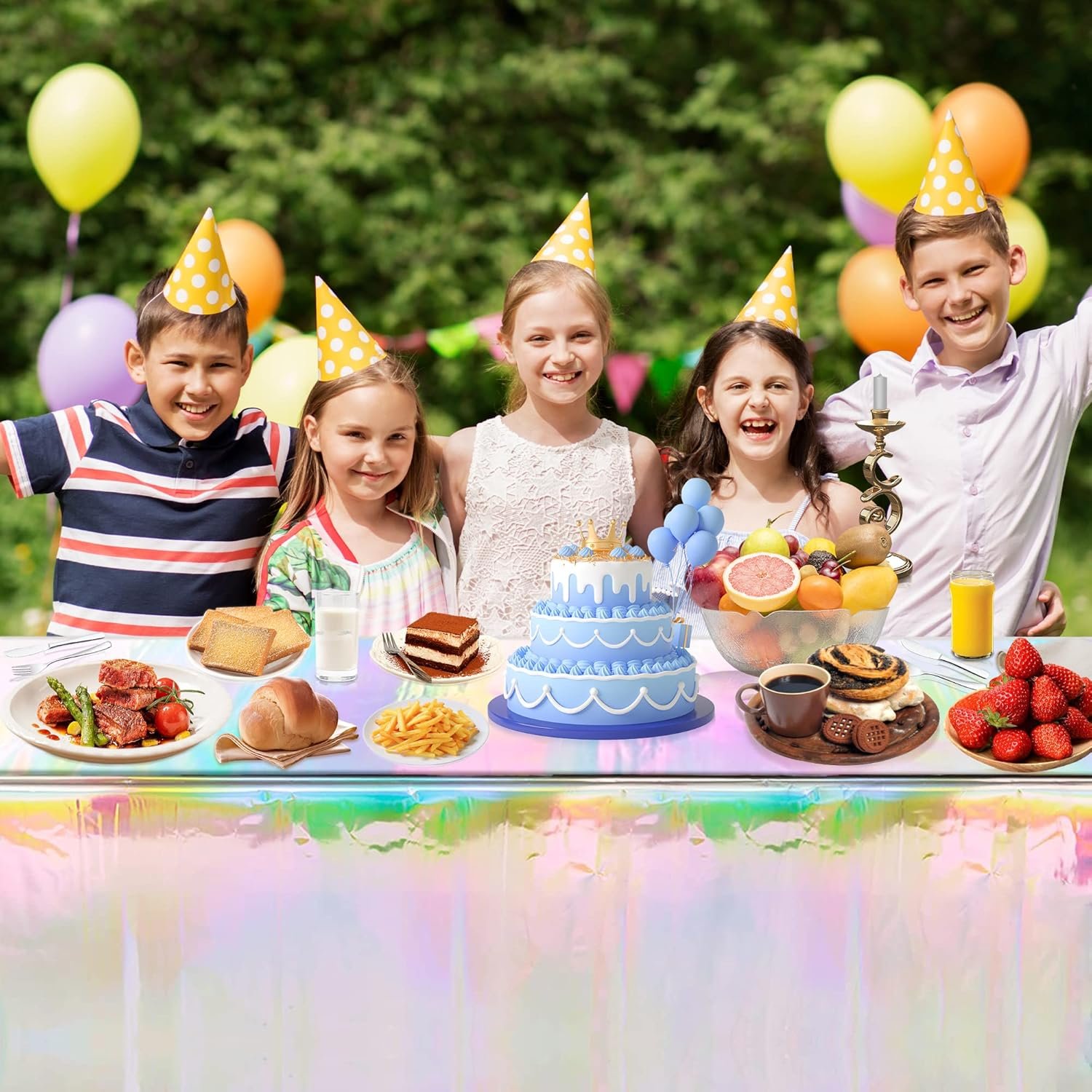 OHOME 4 Pack Iridescence Plastic Tablecloths Disposable Galentines Day Decorations Rectangle Table Covers Birthday Disco Bachelorette Bridal Wedding Rainbow Iridescent Party Decorations 54" x 108" - Image 6