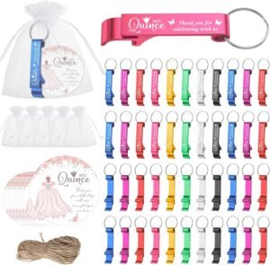 Maxdot Quinceañera Party Favors Includes Quinceañera Keychain Bottle Opener Favor Thank You Tags Organza Bags with Flax Rope for 15 Years Birthday Party Supplies Guests Souvenirs(56 Set)
