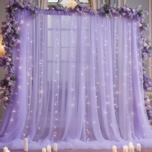 10x10ft Purple Tulle Backdrop Curtain with Lights String for Parites, Sheer Backdrop Curtains for Wedding Baby Shower Birthday Party Photo Shoot Decorations