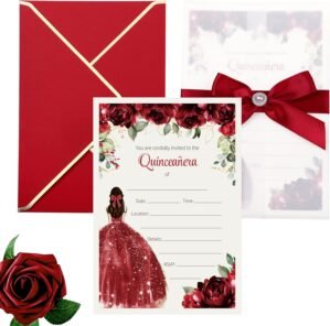 DORIS HOME 25PCS Quinceanera Invitation Cards with Envelopes, Vellum Wraps, Pre-Made Bow Belly Bands, Fill in Red