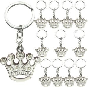 Rhinestone Silver Crown Keychain (12PCS) Quinceañera Metal key Ring favor Accented with Clear Crystal Baby Shower Birthday gift For Guest Sweet 16 Recuerdos llavero de corona Para Quinceañera