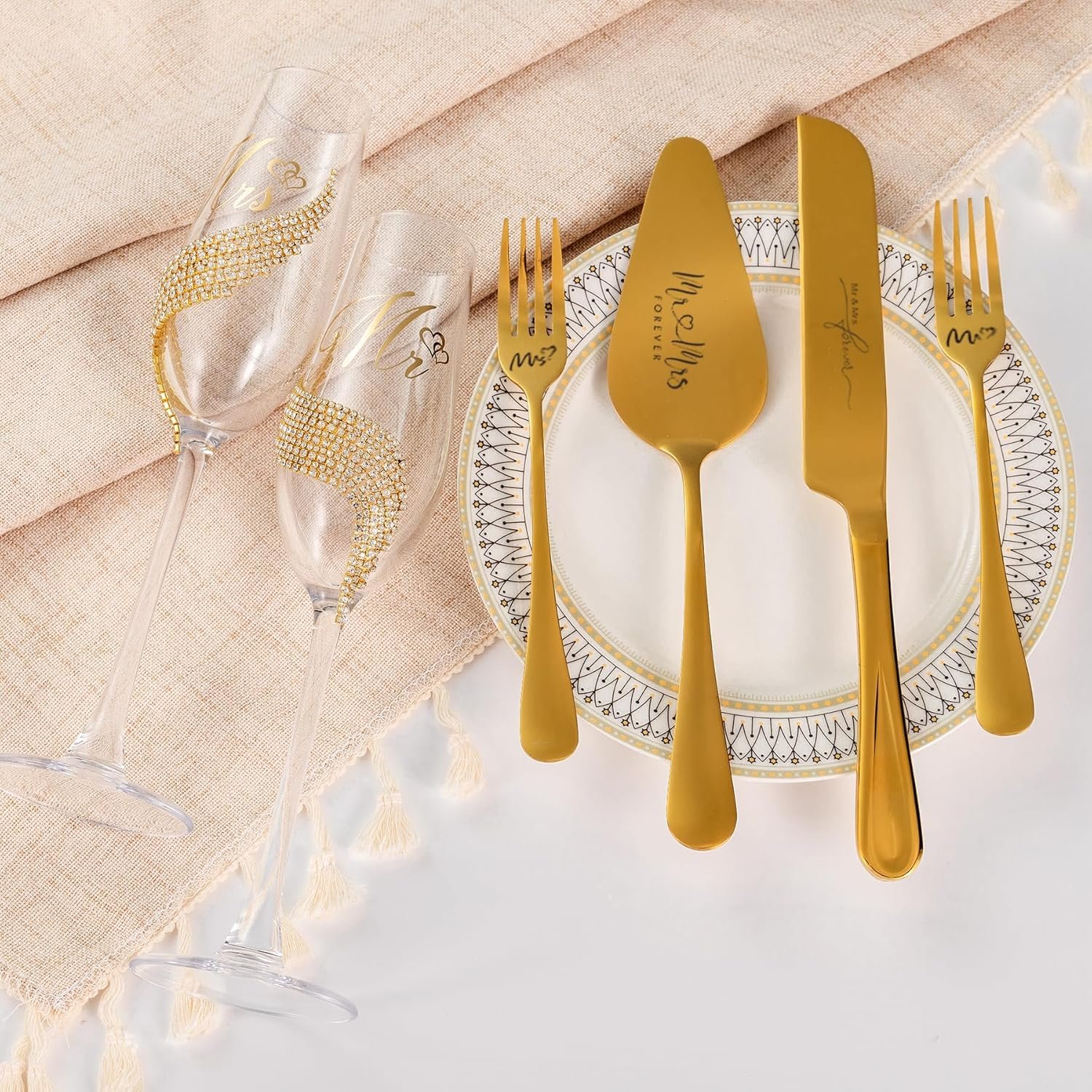 Wedding Cake Knife and Server Set, Gold Mr and Mrs Champagne Flutes and Cake Cutting Set for Wedding Bridal Shower Gifts (Gold) - Image 7