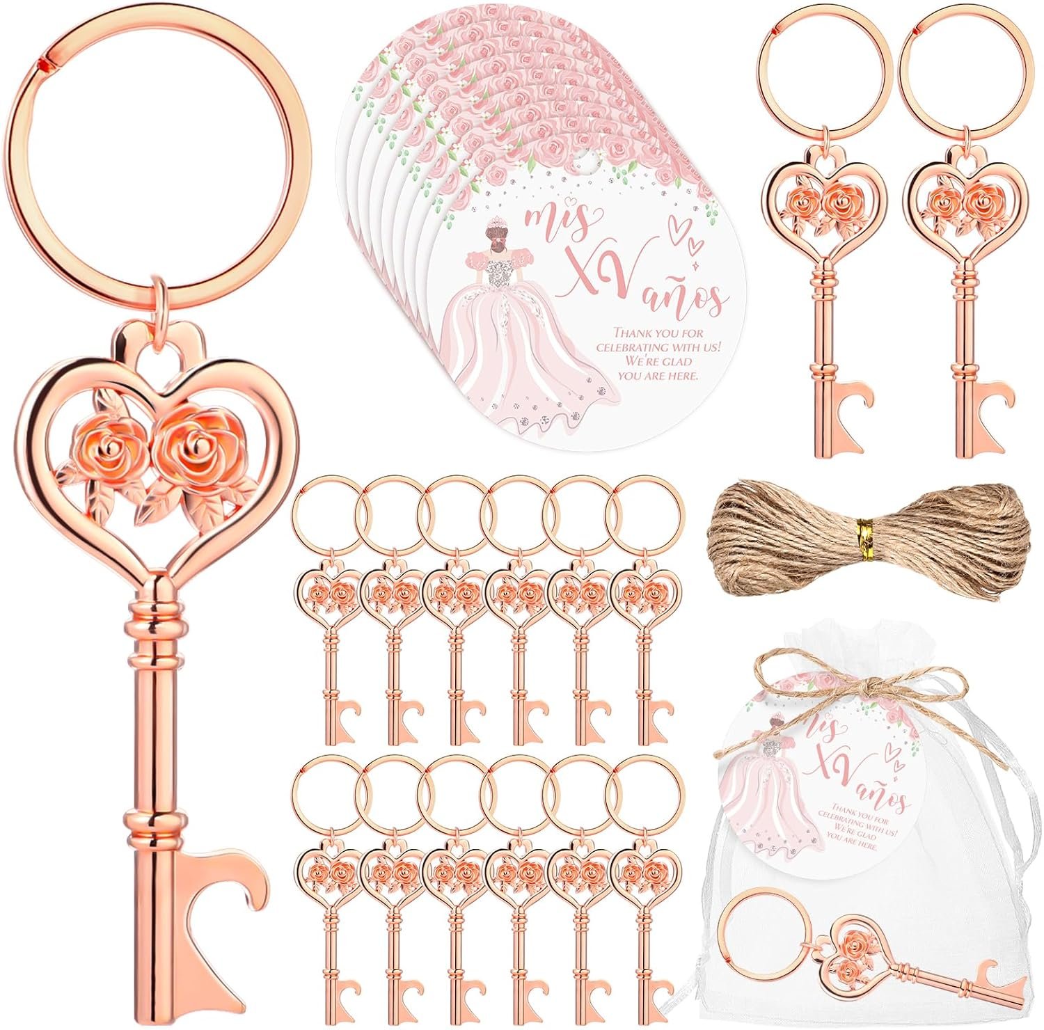 25 Sets Quinceanera Party Favors for Guests Rose Bottle Opener Flower Bottle Opener Keychain with Thank You Cards and Organza Bags 15 Year Old Party Favor Quinceanera Gifts for Guests