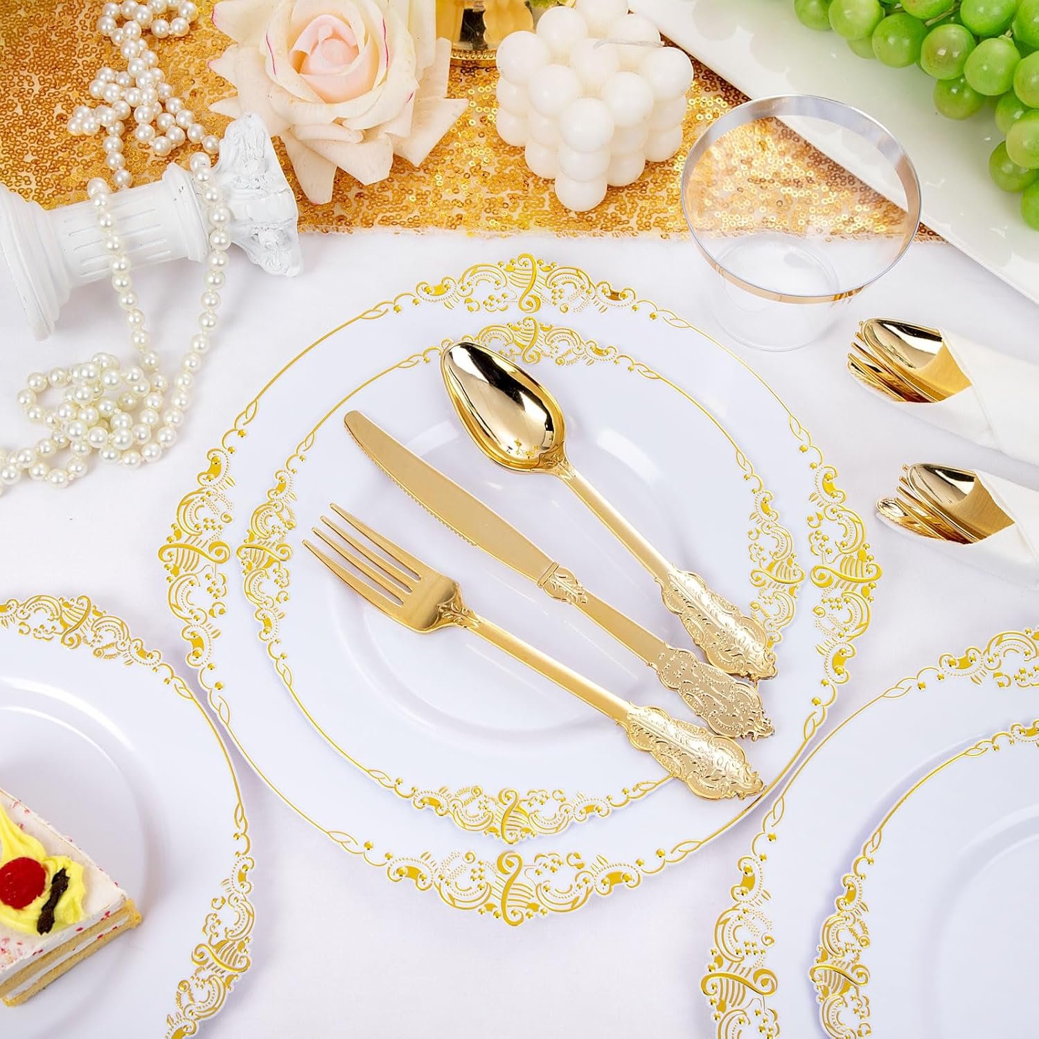 Nervure 175PCS Gold Plastic Plates - Disposable White Gold Party Plates & Pre Rolled Napkins with Cutlery for 25 Guests, 50Plates, 75Silverware, 25Cups, 25Napkin for Wedding & Party & Christmas - Image 7