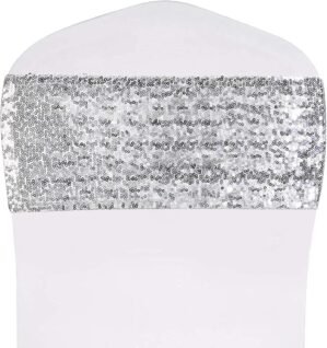 SquarePie Pack of 20 Sequin Chair Sashes Shiny Silver Bows Bands for Wedding Banquet Party Decor
