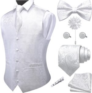 GUSLESON Men’s V-Neck Suit Vests Formal Men Vest Paisley Jacquard Tie Waistcoat Bow tie Hanky Set Wedding 7PCS