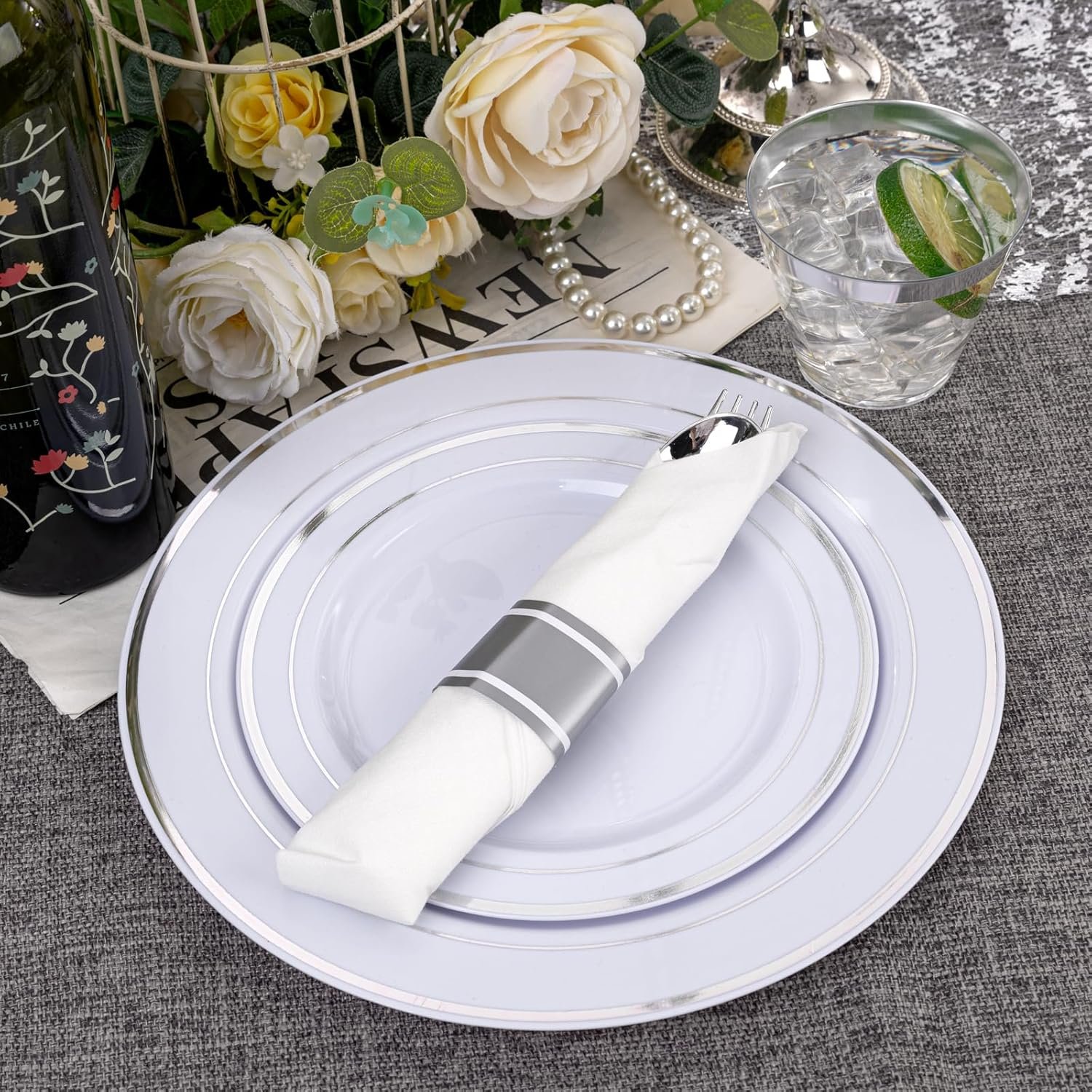 WELLIFE 350Pcs Silver Plastic Plates - Disposable Silverware, Include: 50 Dinner Plates 10.25”, 50 Dessert Plates 7.5”, 50 Silver Rim Cups 9 OZ, 50 Pre Rolled Napkins with Silver Silverware - Image 9