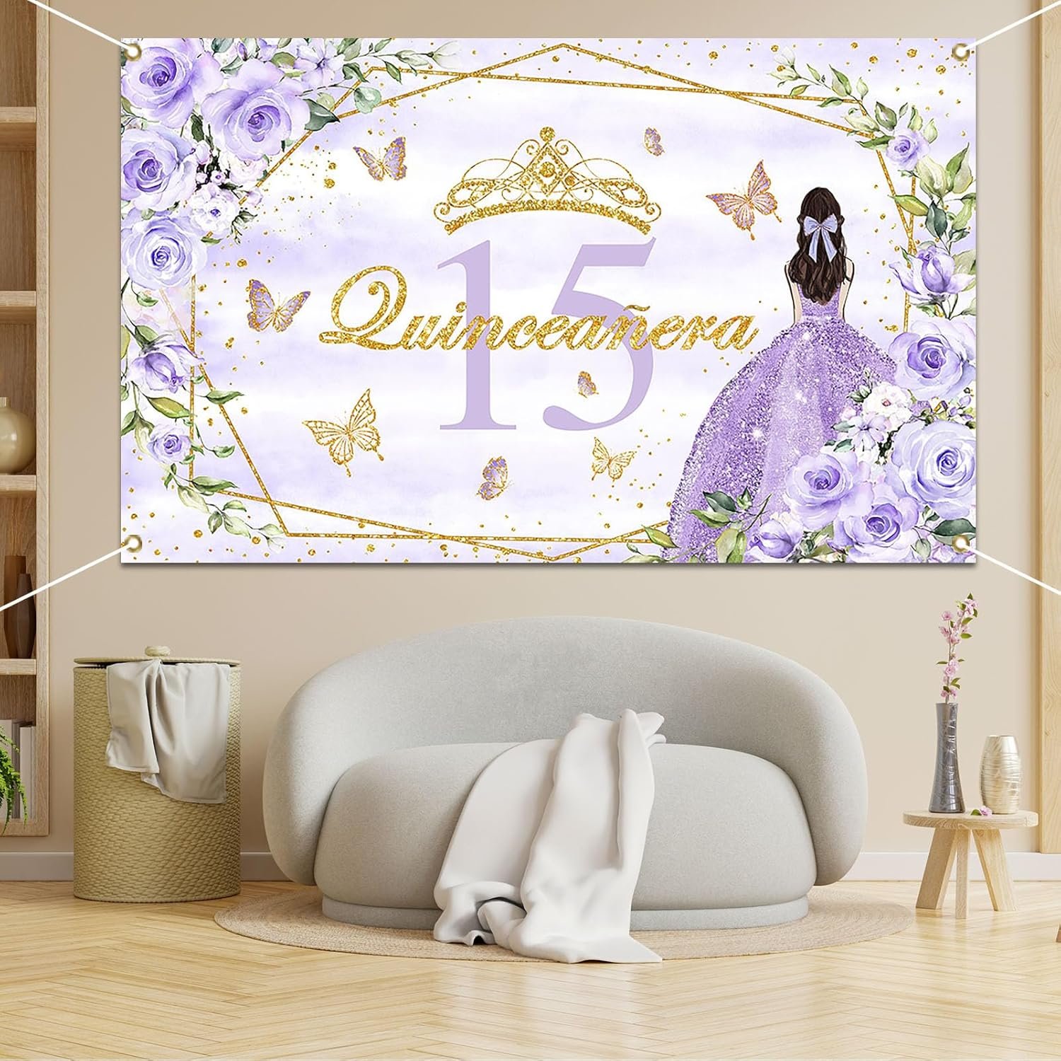 Avezano Quinceanera 15 Birthday Backdrop Banner Mis Quince Anos 15th Birthday Party Decorations Girls Sweet 15 Birthday Party Background Purple Gold, 70.8 x 43.3 inch - Image 5