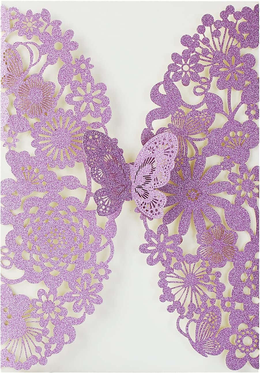 Hosmsua 5.1x7.3'' 50PCS Purple Glitter Quinceanera Invitation Kit Laser Cut Flora Butterfly Invitation Cards Pocket with Envelopes for Bridal Shower Sweet 16 Wedding Invitation (Purple Glitter)