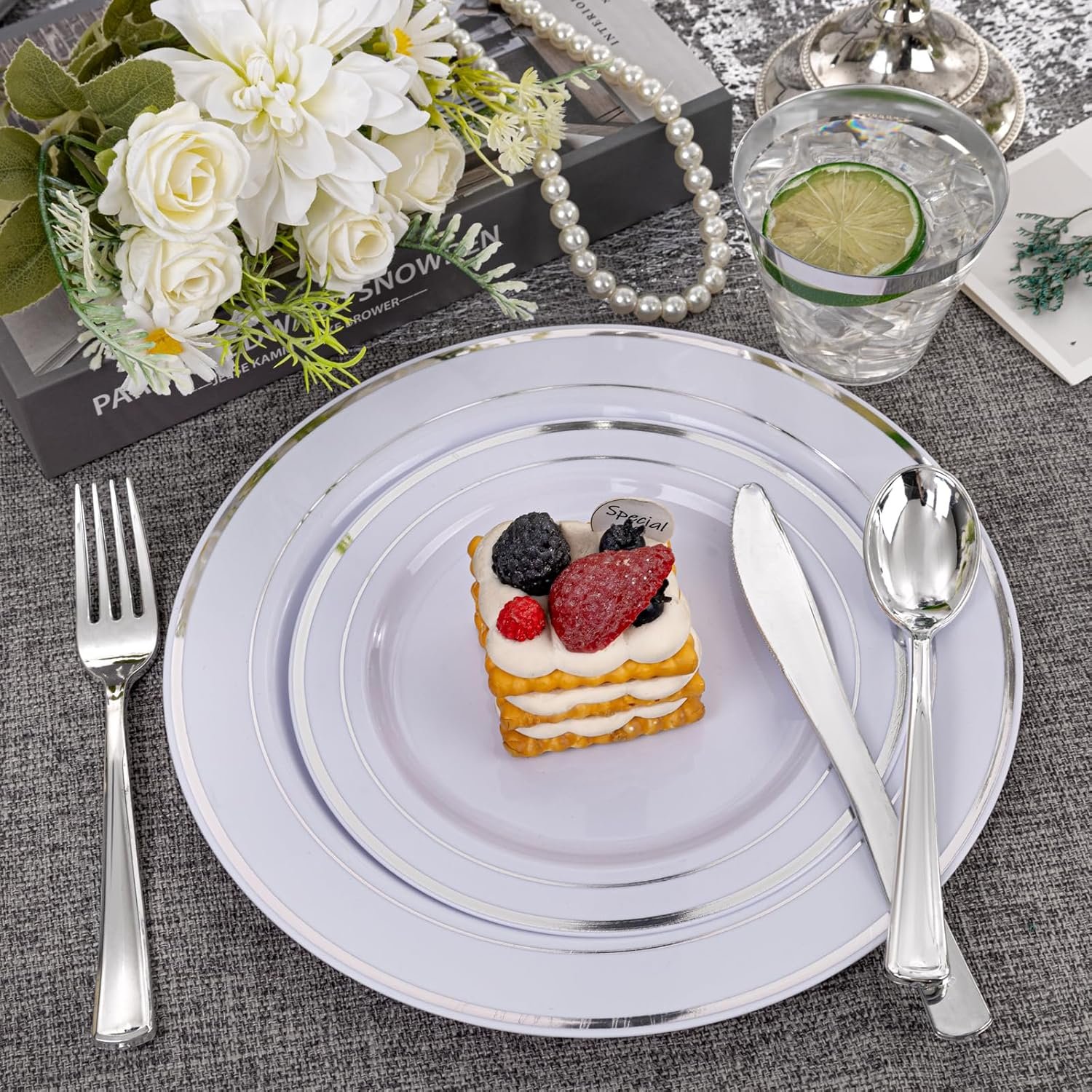 WELLIFE 350Pcs Silver Plastic Plates - Disposable Silverware, Include: 50 Dinner Plates 10.25”, 50 Dessert Plates 7.5”, 50 Silver Rim Cups 9 OZ, 50 Pre Rolled Napkins with Silver Silverware - Image 7