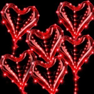 Civaner 6 Packs Valentine’s Day Red Heart Light up Balloons 20 Inch Clear Heart Balloons LED Bobo Transparent Bubble Heart Balloons with 10 Feet Lights for Wedding Birthday Party Decor Red Heart