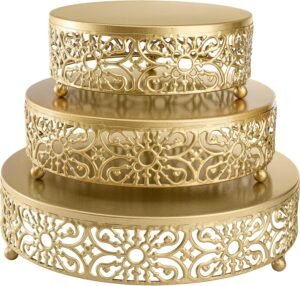 Hedume 3 Pack Cake Stand, Round Metal Cake Stands, 8″ 10″ 12″ Dessert Display Cupcake Stands, Wedding Brithday Party Celebration Dessert Cake Display Plates-Gold