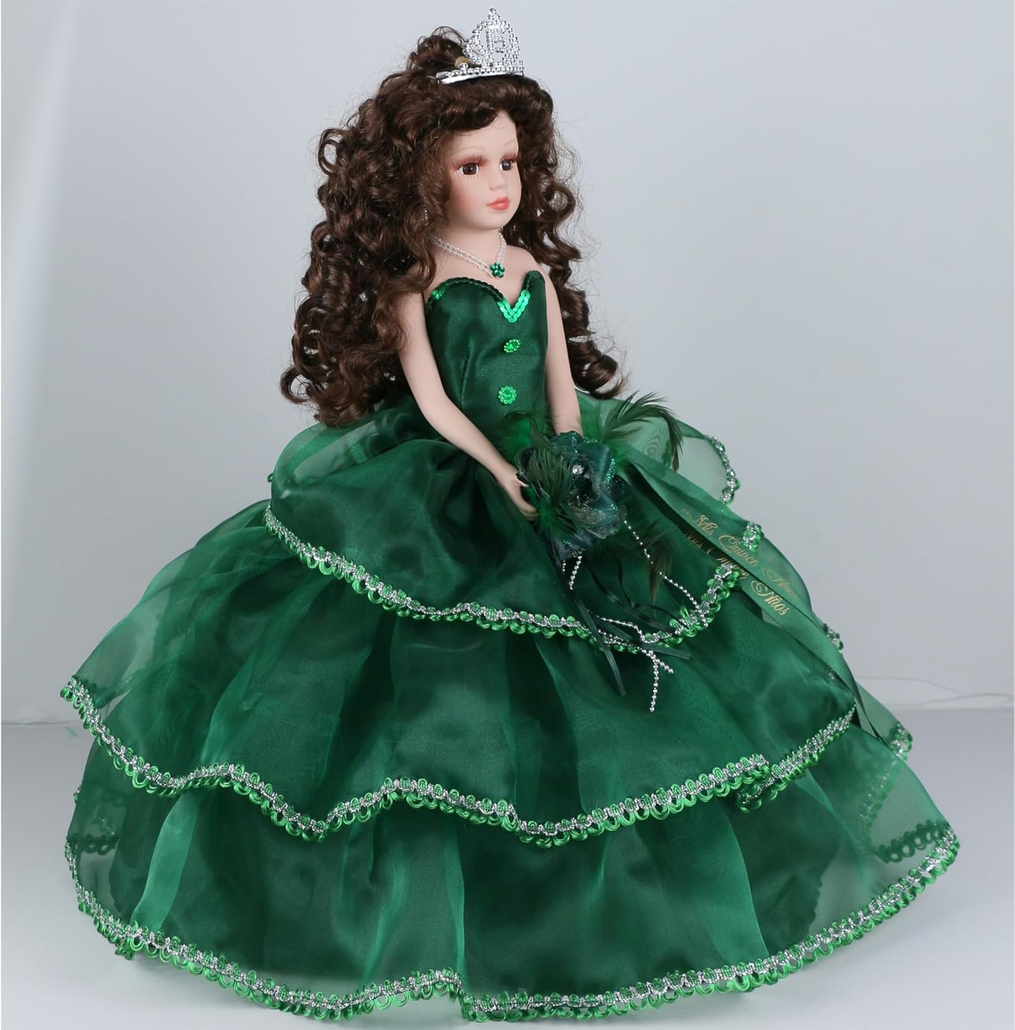 18" Porcelain Quinceanera Umbrella Doll (Quince Anos)~ KB18724-33B~ (Emerald Green) - Image 2