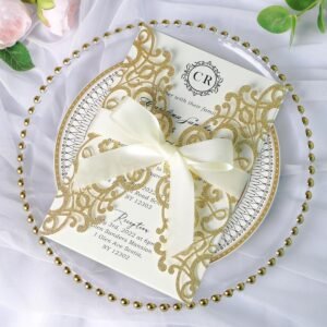 ponatia 25PCS 5.12 x 7.1 ” Laser Cut Wedding Invitations Cards with Envelopes for 5×7 Invitation Cards, Wedding, 15 anos, Gold Quinceaner Invitation Cards