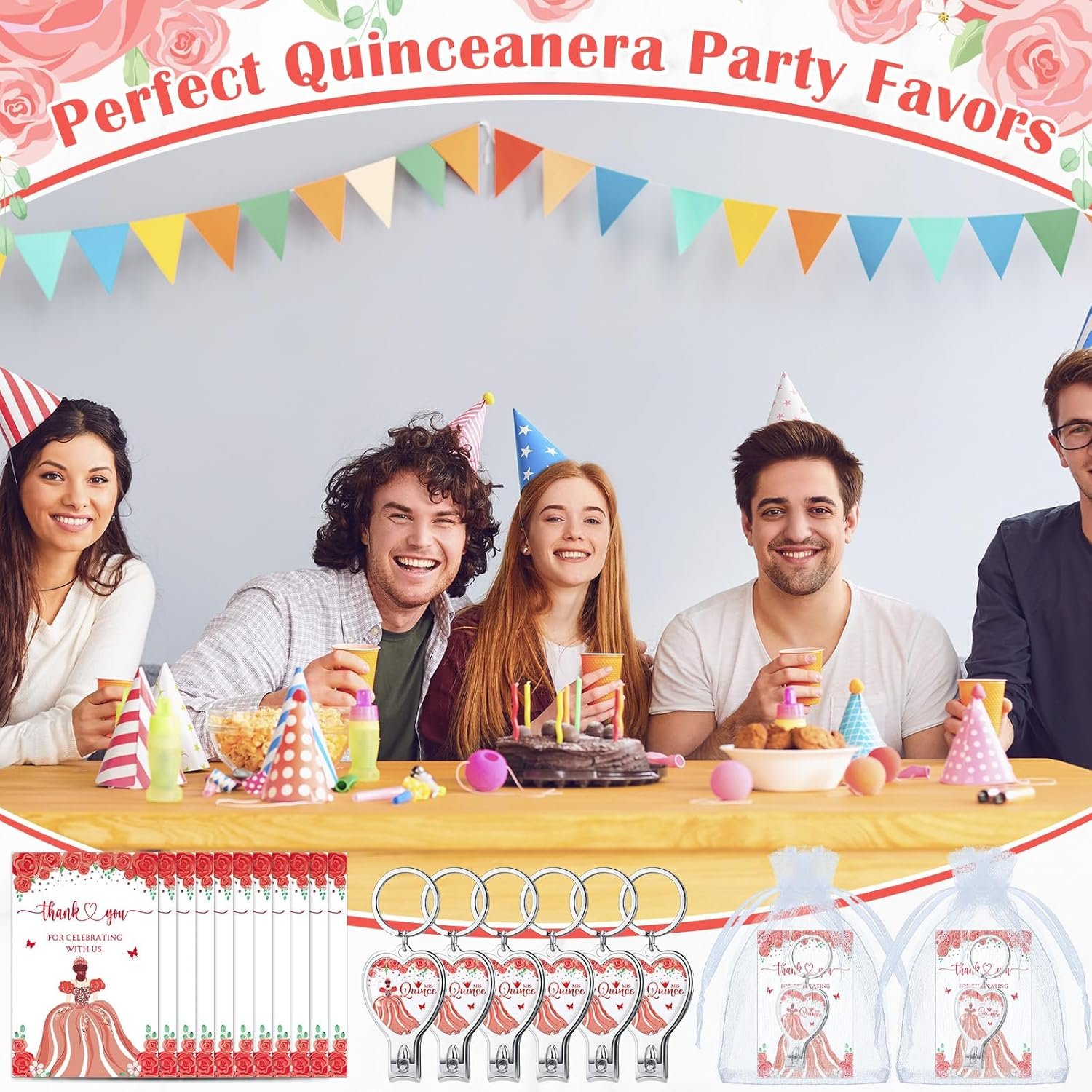 25 Sets 15th Quinceañera Party Favors Includes Quince Keychain Bottle Opener Nail Clipper Thank You Cards Organza Bags for Guests Sweet 15 Birthday Party Adults Souvenirs (Red) - Image 6