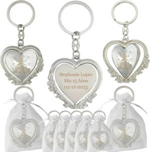 12 pcs Personalized Quinceanera Party Favors Recuerdos para Quinceañera Heart Keychains Sweet 16 Quinceanera (Sil/Gol)