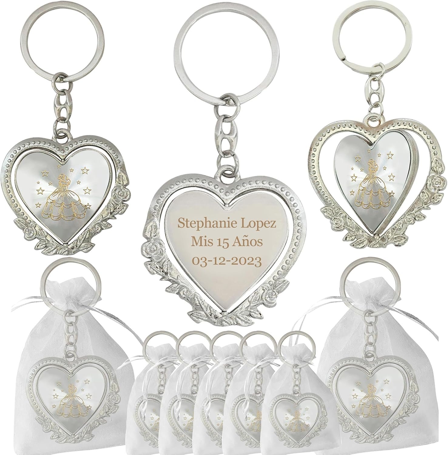 12 pcs Personalized Quinceanera Party Favors Recuerdos para Quinceañera Heart Keychains Sweet 16 Quinceanera (Sil/Gol)