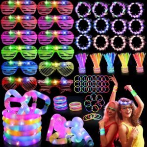 156 PCS Glow in the Dark Valentines Day Party Supplies, 12 Light Up Pop Tubes, 12 LED Glasses, 12 Light Up Headband, 20 Finger Lights and 100 Glow Sticks, Neon Party Favors for Glow Party, Birthday