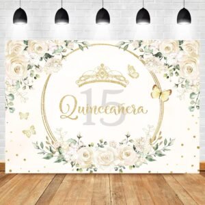 Homewelle Quinceañera Backdrop 7Wx5H Feet Polyester Fabric Mis Quince 15 Anos Birthday Party Decorations Supplies for Girl Princess White Floral Gold Crown Butterfly Photography Background Props