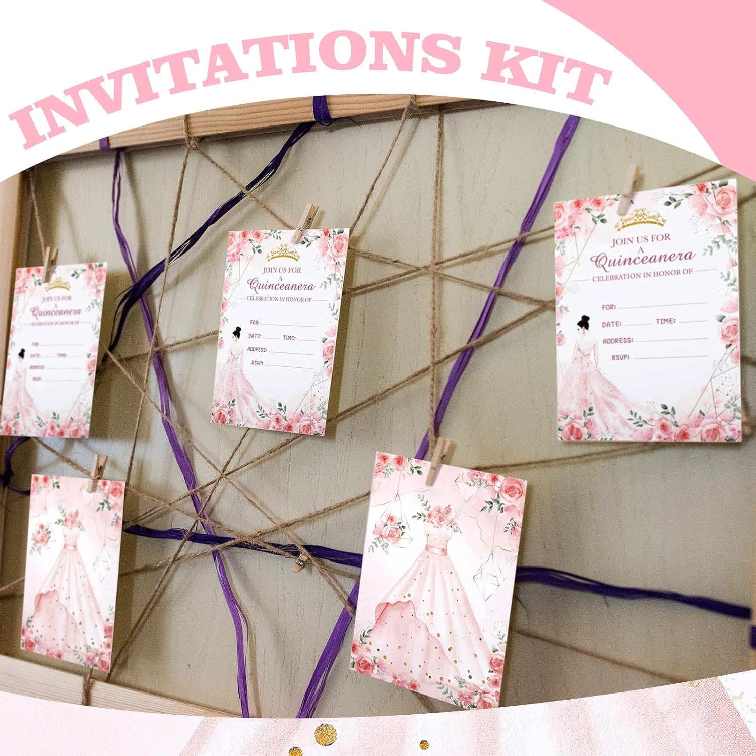 24 Sets Quinceanera Invitations Kit Include Quinceanera Invitation Cards with Envelopes and Stickers Crown Princess Rose Quinceanera Card Invitations for Quinceanera Bridal Shower Birthday Invite - Image 5