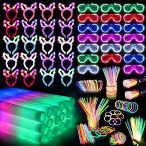260 PCS Glow in the Dark Party Supplies, New Year Party Favors, 20 Foam Glow Sticks, 20 LED Glasses, 20 Bunny Ear Headband and 200 Glow Sticks for Glow Sticks Party Pack for Kids or Adults