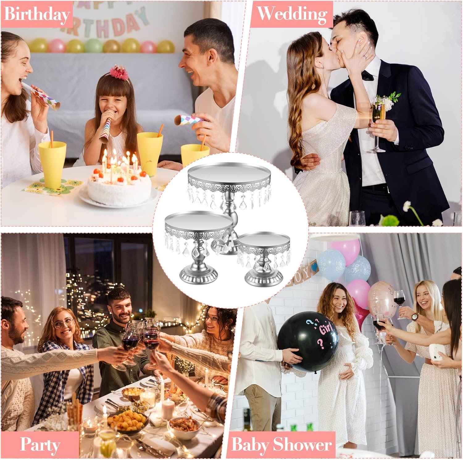 Eaasty 3 Pcs Cake Stand Set Round Cake Stand with Crystal Bling Pendants Dessert Table Display Set for Wedding Event Birthday Party Dessert Table(Silver) - Image 6
