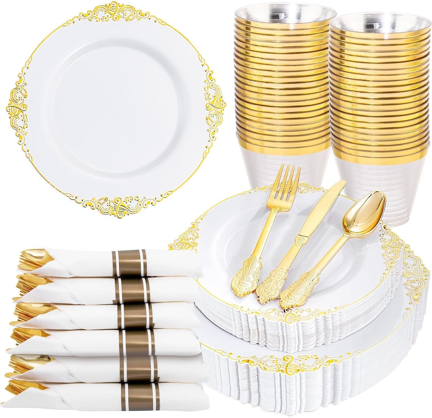 Nervure 175PCS Gold Plastic Plates - Disposable White Gold Party Plates & Pre Rolled Napkins with Cutlery for 25 Guests, 50Plates, 75Silverware, 25Cups, 25Napkin for Wedding & Party & Christmas