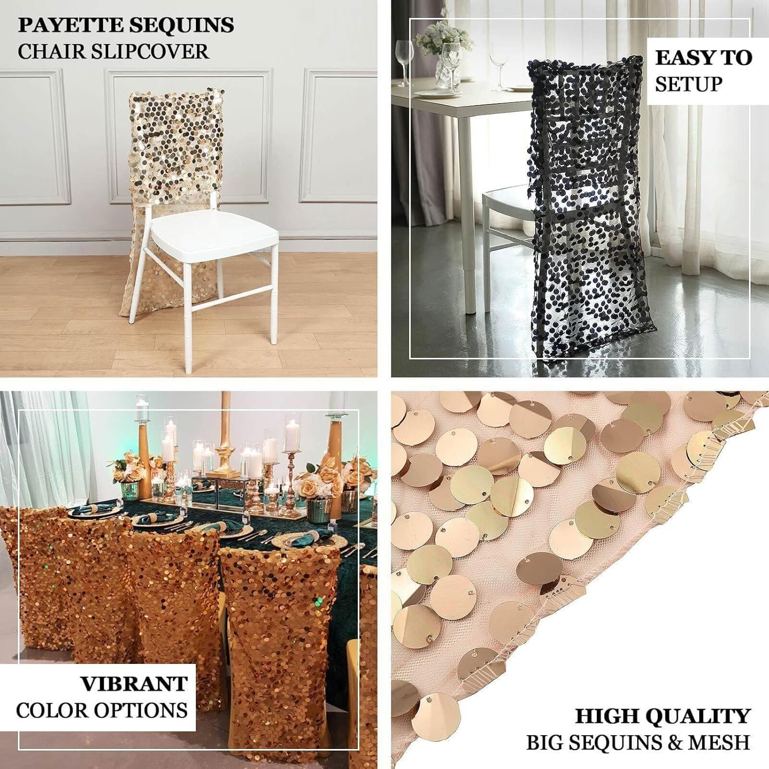 Efavormart Gold Big Payette Sequin Chiavari Chair Slipcover, Wedding Chair Back Cover - Image 3