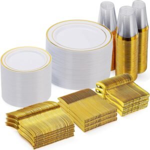 Goodluck 600 Pieces Gold Disposable Plates for 100 Guests, Plastic Plates for Party, Dinnerware Set of 100 Dinner Plates, 100 Salad Plates, 100 Spoons, 100 Forks, 100 Knives, 100 Cups