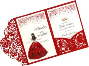 DORIS HOME 50pcs Laser Cut Quinceanera Invitations Red, 4.7×7.1 Blank Quince Invitations for 15th Birthday, Invitation cards for Sweet 16 with Envelopes