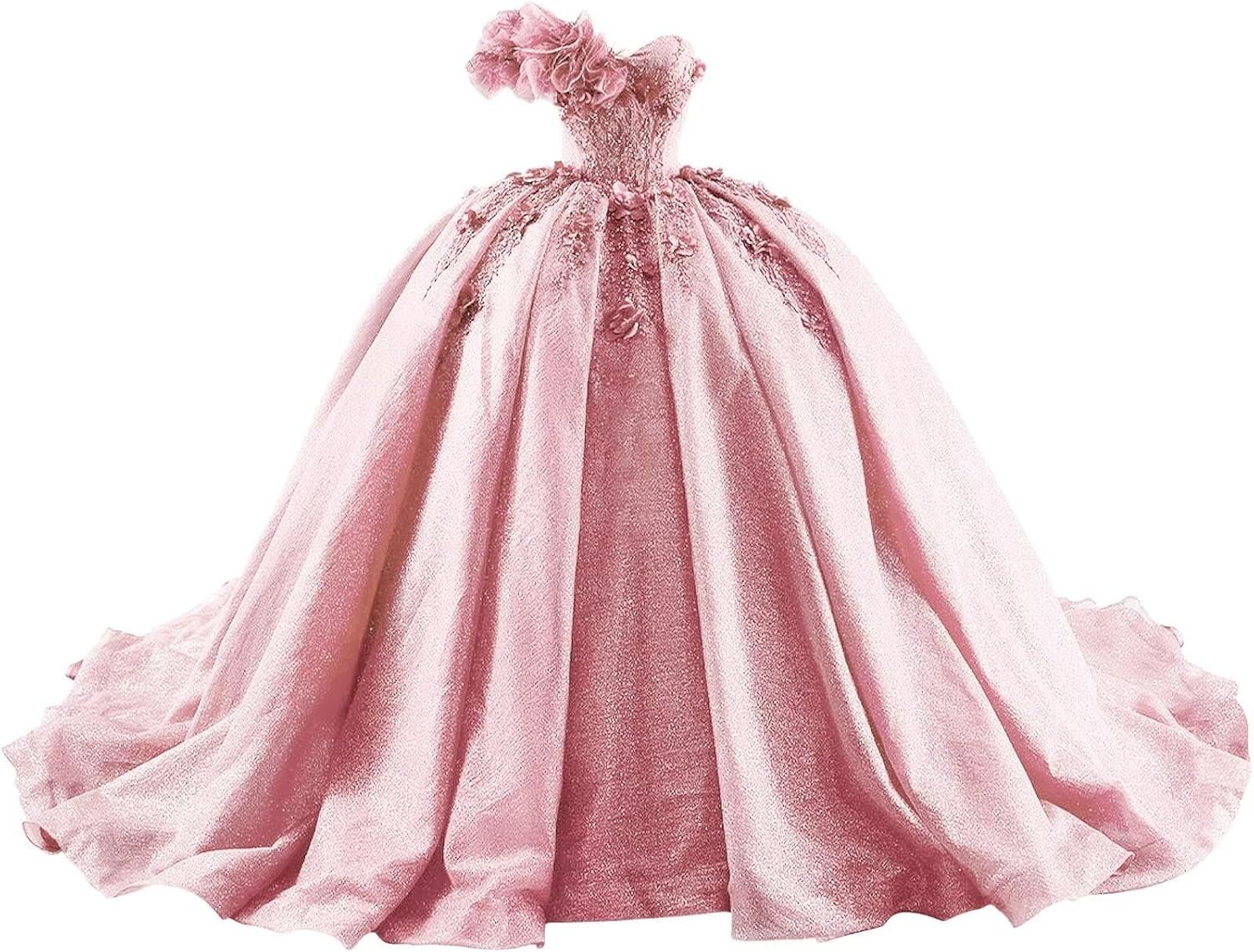 3D Flowers Quinceanera Dresses Puffy Tulle Strapless Sweet 16 Dresses with Train Sparkly Beaded Ball Gowns