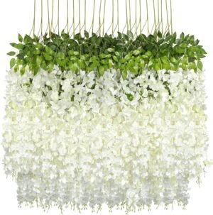 Pauwer Wisteria Hanging Flowers 24 Pack Fake Flower Garland Artificial Wisteria Vines Rattan Silk Flower String Wedding Party Wall Decorations,White