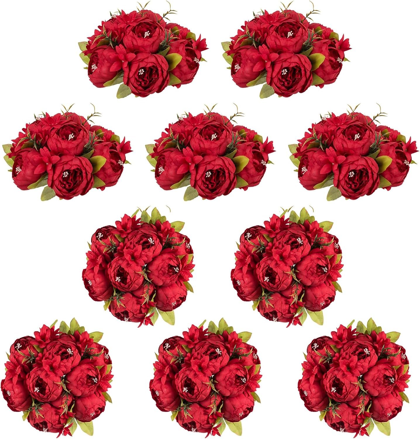 NUPTIO Flower Balls Flowers for Centerpieces: 10 Pcs 9.4 inch Diam Red Artificial Peony Fake Flower Ball Arrangement Bouquet Wedding Centerpieces for Tables Wedding Centerpiece Decorations
