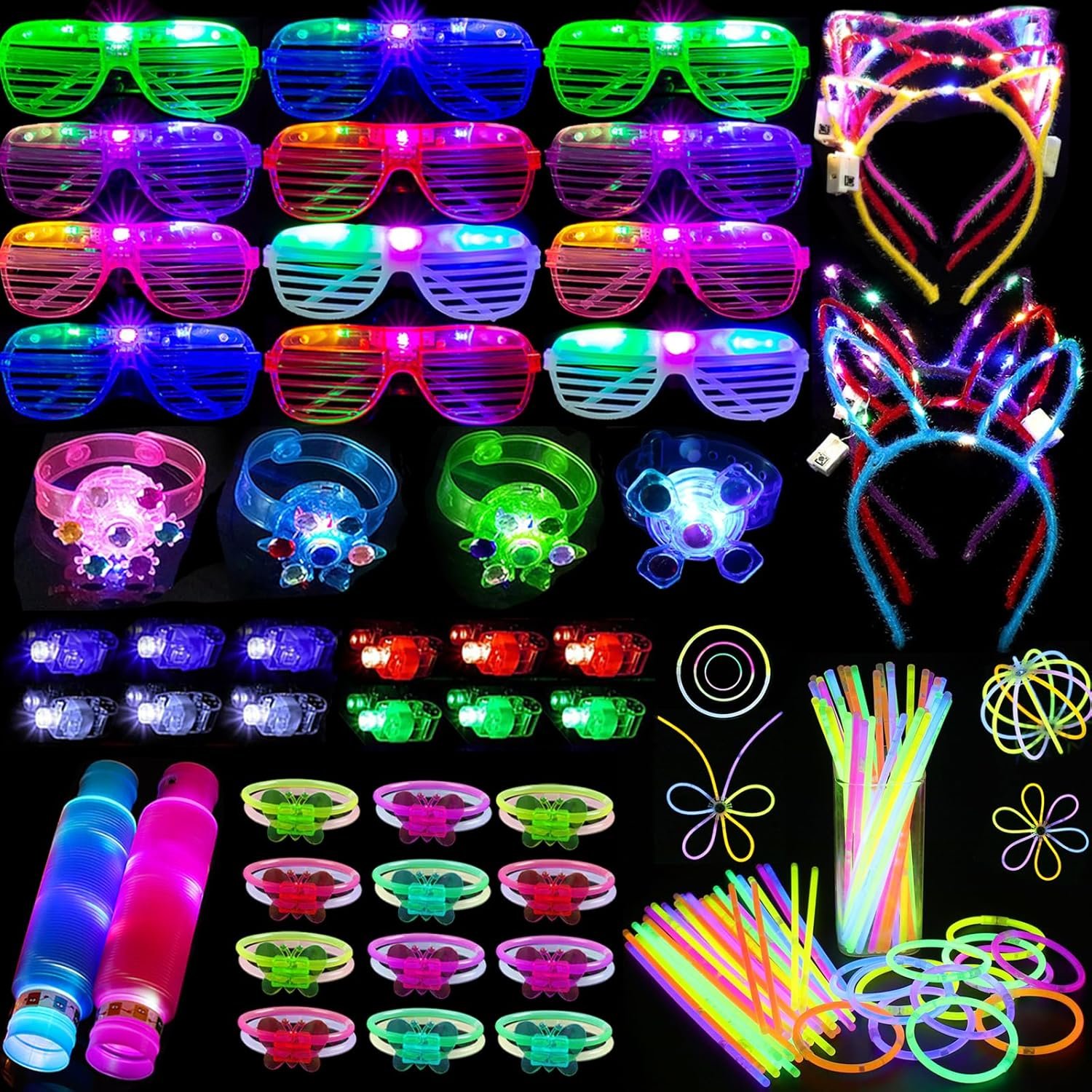 152 PCS Glow in the Dark Party Supplies,Light Up Party Favors for Kids Adults, LED Glasses, 100 Bright Glow Sticks, Finger Lights, Headband Birthday Wedding Concert Neon Party Supplies
