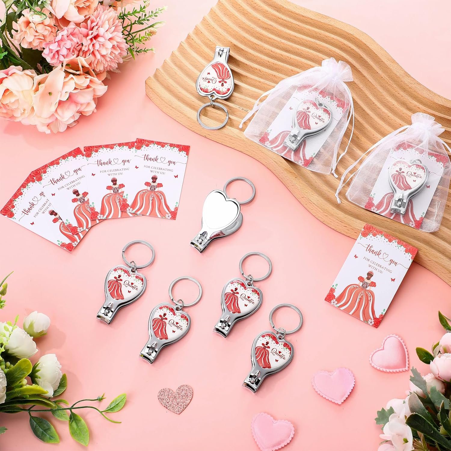 25 Sets 15th Quinceañera Party Favors Includes Quince Keychain Bottle Opener Nail Clipper Thank You Cards Organza Bags for Guests Sweet 15 Birthday Party Adults Souvenirs (Red) - Image 4