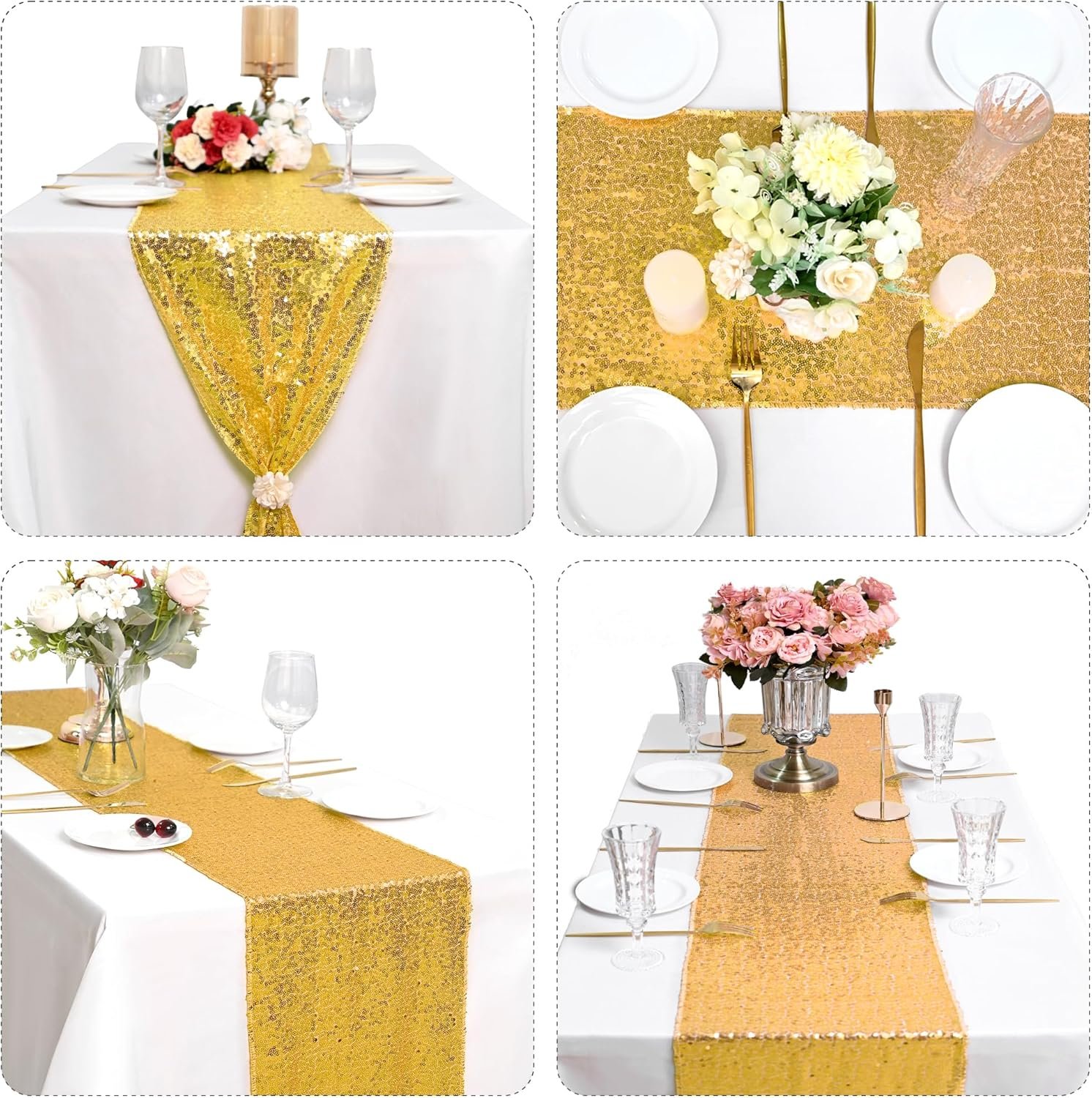 15 Pack Gold Table Runner Sequin Table Runner 12" x 72" Sparkly Metallic Sequin Table Cloths Coffee Table Runner for Wedding Banquet Holiday Birthday Party Baby Shower Bridal Shower Christmas Decor - Image 3