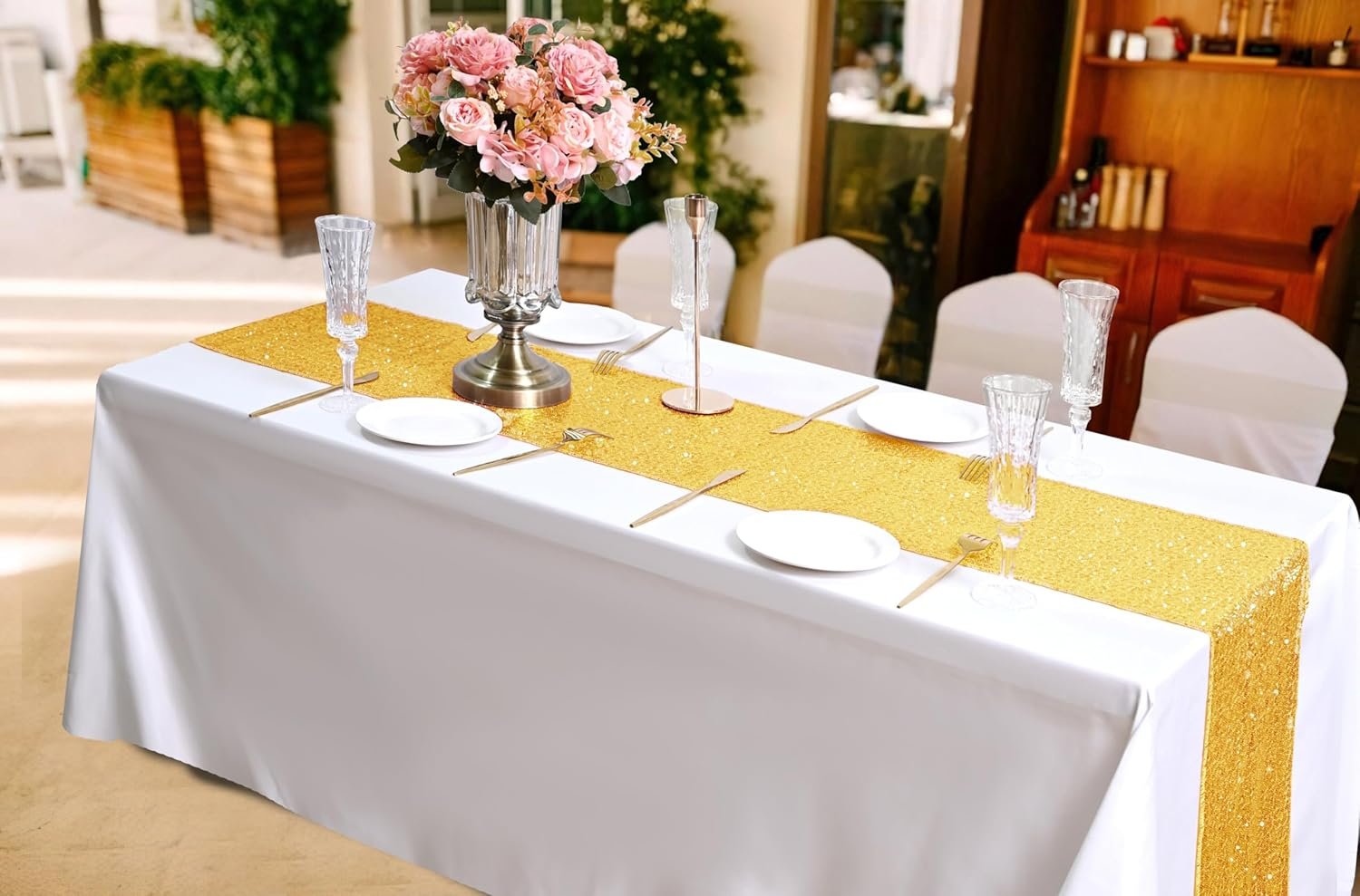 15 Pack Gold Table Runner Sequin Table Runner 12" x 72" Sparkly Metallic Sequin Table Cloths Coffee Table Runner for Wedding Banquet Holiday Birthday Party Baby Shower Bridal Shower Christmas Decor - Image 5