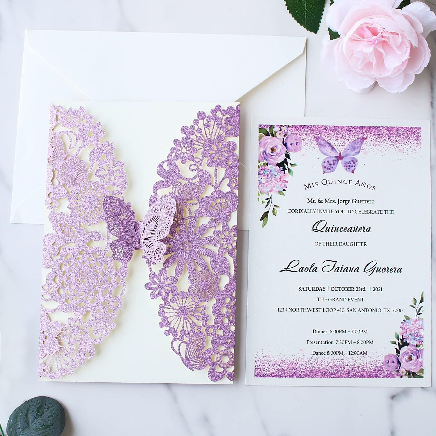 Hosmsua 5.1x7.3'' 50PCS Purple Glitter Quinceanera Invitation Kit Laser Cut Flora Butterfly Invitation Cards Pocket with Envelopes for Bridal Shower Sweet 16 Wedding Invitation (Purple Glitter) - Image 3