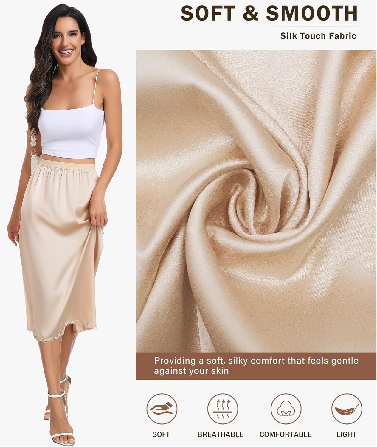 Vlazom Women's Satin Half Slip for Under Dress Long Underskirt Soft Under Slips for Women Under Dresses Size S-XXL - Image 4