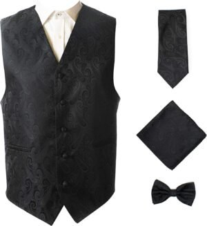 Oliver George Men’s 4pc Paisley Design Waistcoat Tuxedo Dress Vest Necktie Bowtie Handkerchief Set for Suit or Tuxedo