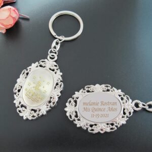 WE Personalized quince Keychain Party Favor (12 PCS) Engraved Sweet 16 Metal Key Ring/ Customized 15 Birthday Gift for Guest/ Quince Party Favor
