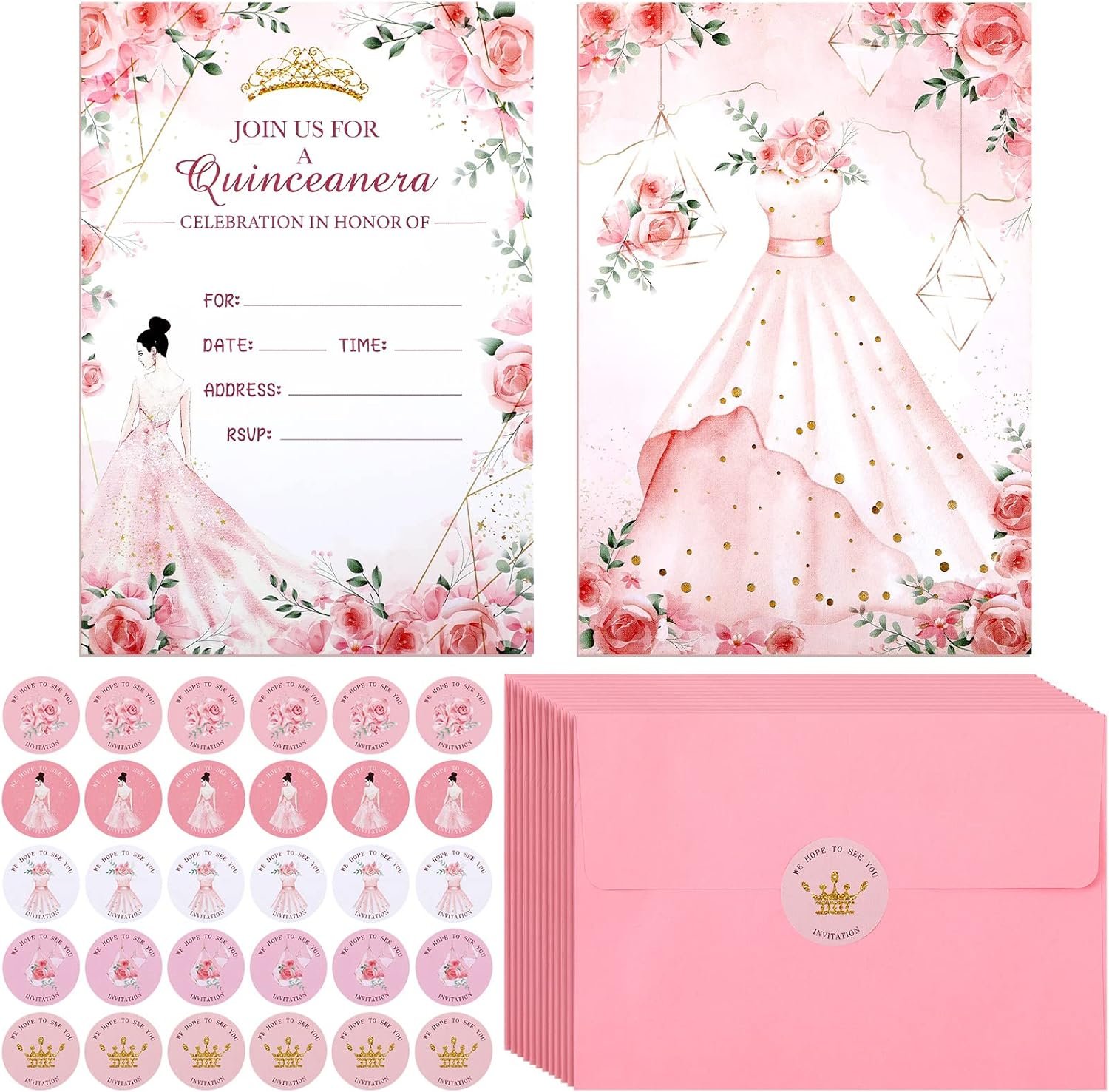 24 Sets Quinceanera Invitations Kit Include Quinceanera Invitation Cards with Envelopes and Stickers Crown Princess Rose Quinceanera Card Invitations for Quinceanera Bridal Shower Birthday Invite