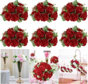 Artificial Flower Wedding Centerpieces – 10.6inch Red Rose Silk Floral Half Ball 6Pack – Faux Flower Balls Plastic Base for Event Table Arrangement Party Home Room Décor