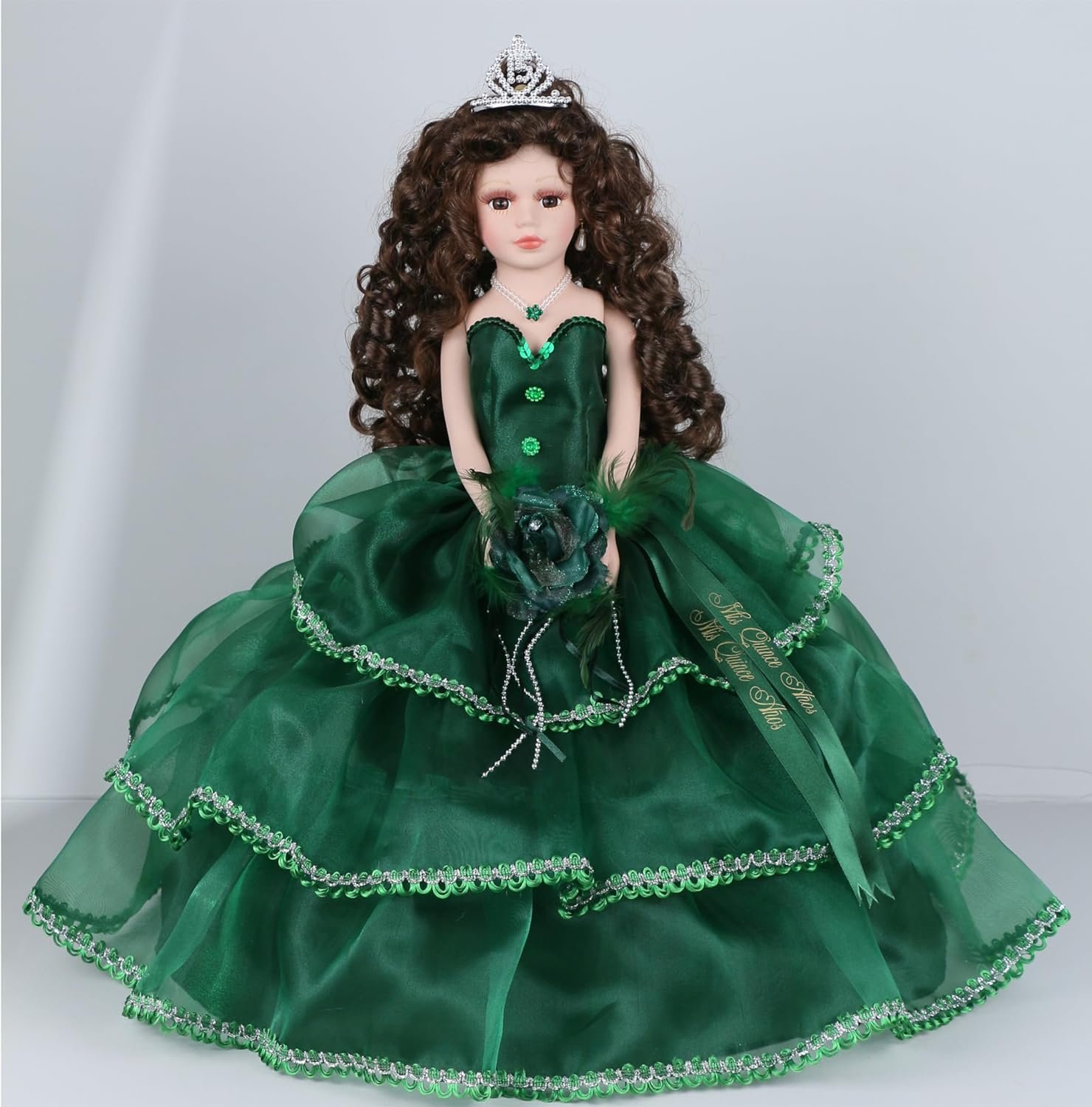 18" Porcelain Quinceanera Umbrella Doll (Quince Anos)~ KB18724-33B~ (Emerald Green)