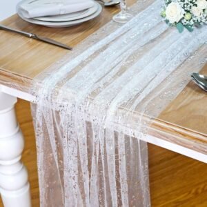 AerWo 2Pcs Silver Table Runner 10FT, Glitter Table Runner Wedding Decorations, Sheer Table Runner Wedding Table Runner 27″x120″, Romantic Boho Table Runner for Birthday Baby Shower Wedding Table Decor