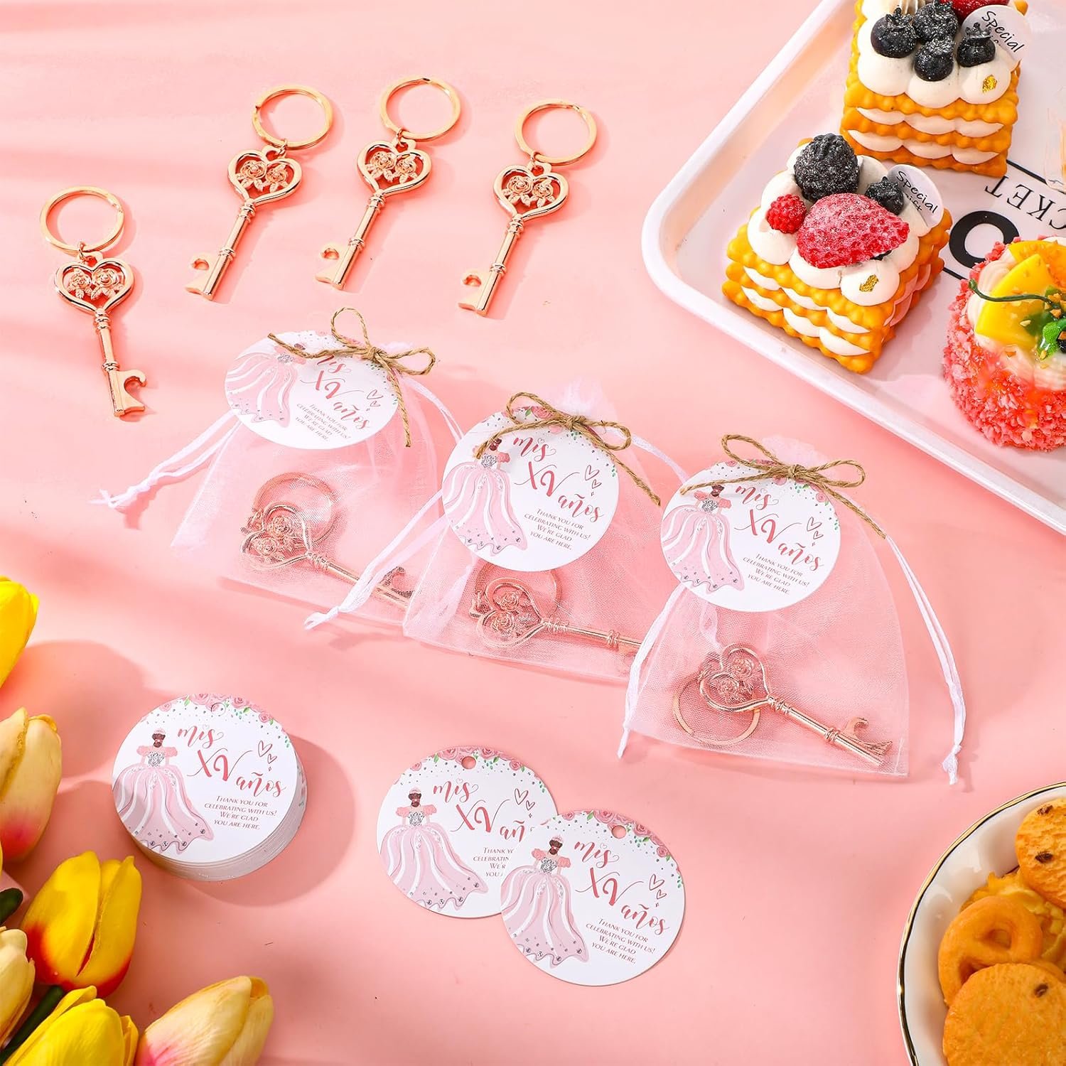 25 Sets Quinceanera Party Favors for Guests Rose Bottle Opener Flower Bottle Opener Keychain with Thank You Cards and Organza Bags 15 Year Old Party Favor Quinceanera Gifts for Guests - Image 4