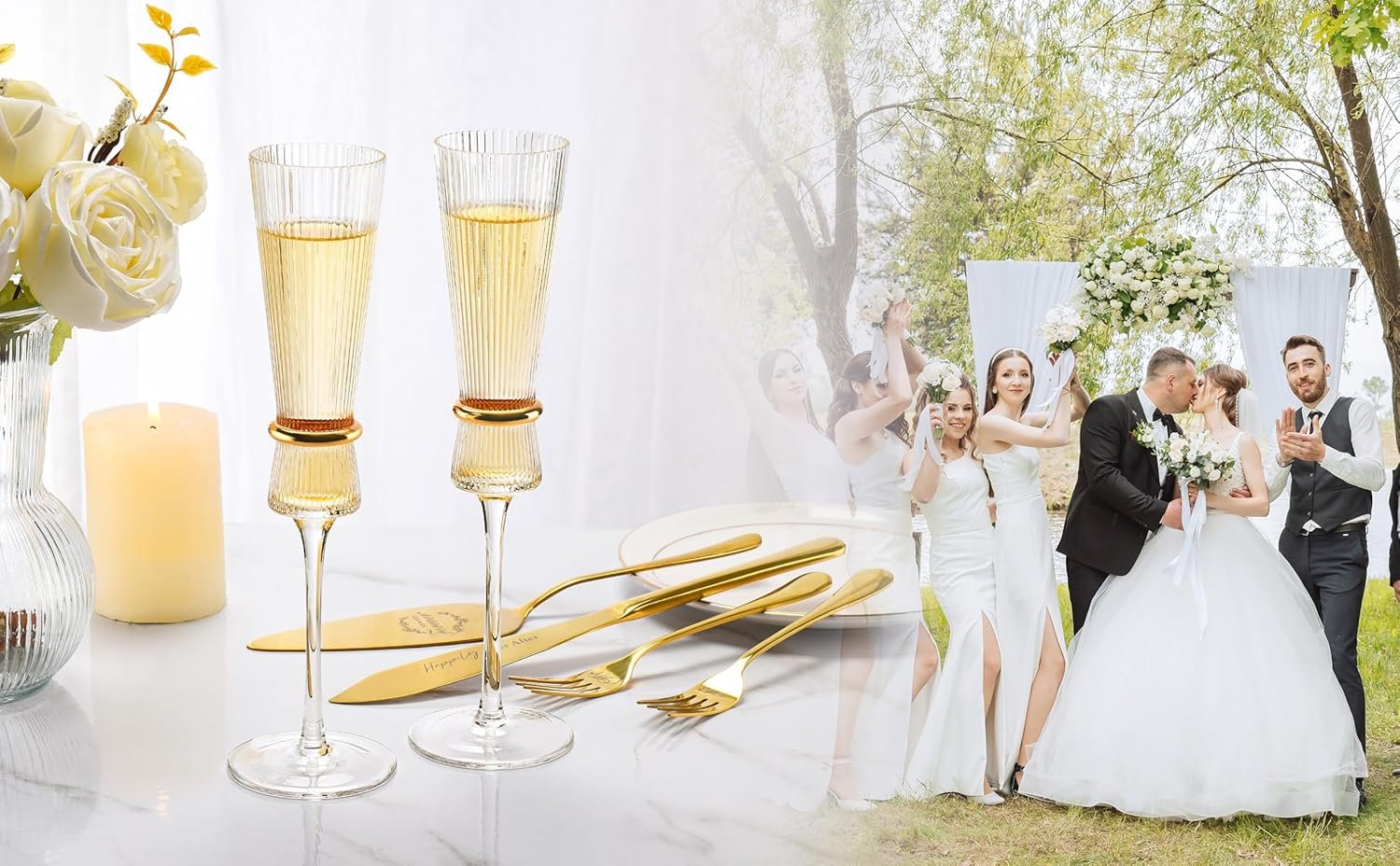 Wedding Champagne Flutes Set of 6, Cake Knife and Server Set with Mr and Mrs Forks, Cake Cutting Set for Wedding Anniversary, Bridal Shower, Engagement Gifts for Bride and Groom - Image 2