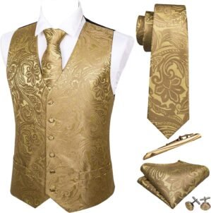 Barry.Wang Formal Men Vest Paisley Jacquard Silk Tie Suit Waistcoat Set Wedding 5PCS